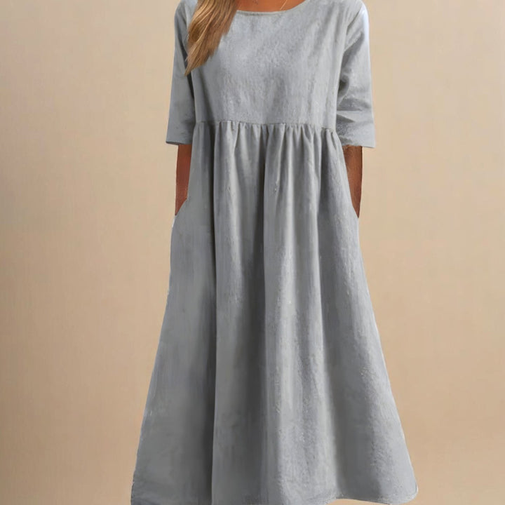 Women's Relaxed-Fit Round-Neck Mid-Sleeve Midi Dress Pockets - Light Grey