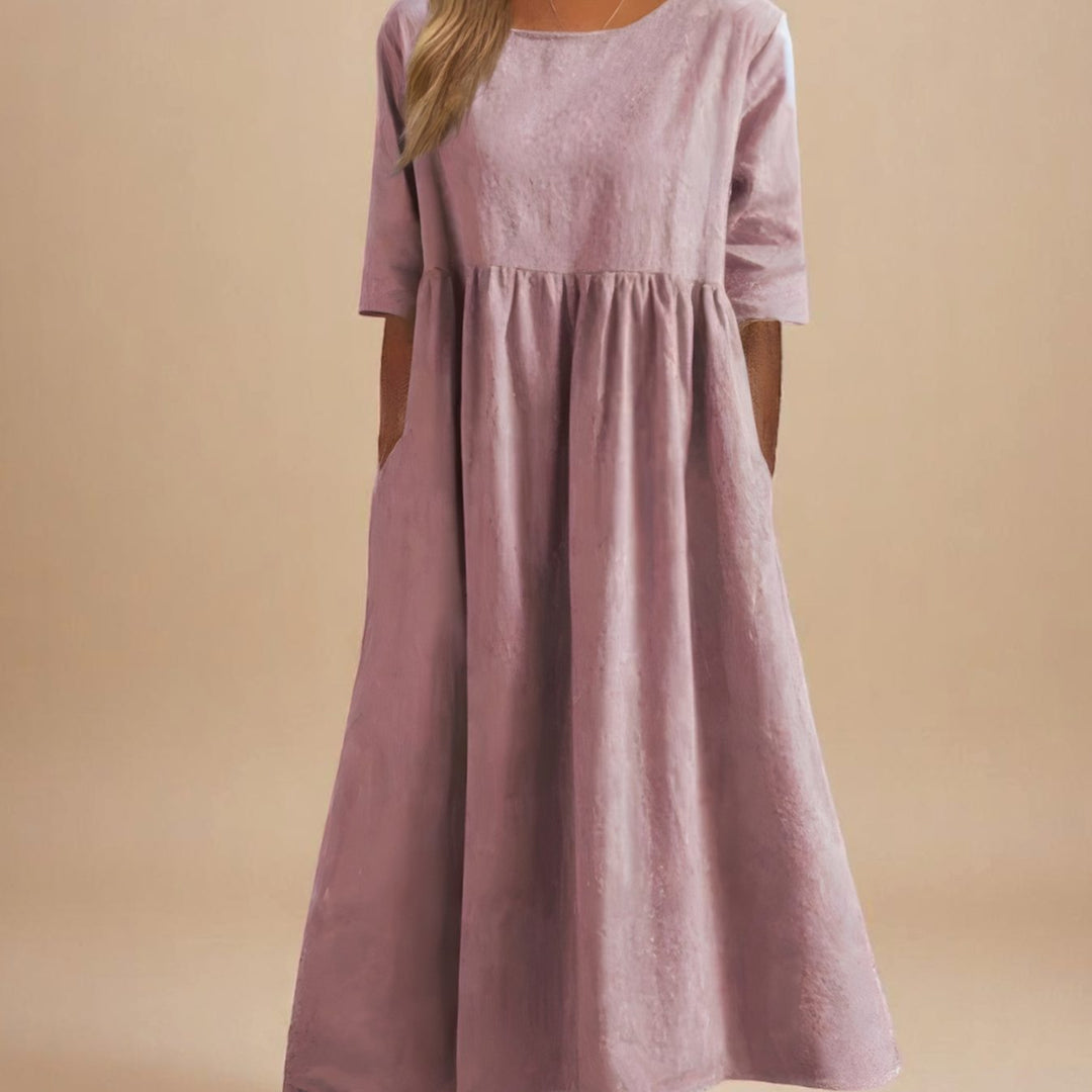 Women's Relaxed-Fit Round-Neck Mid-Sleeve Midi Dress Pockets - Pink