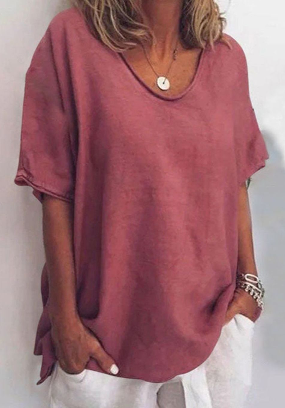 Women's Relaxed-Fit Short-Sleeve Scoop-Neck Casual Blouse - Dark Pink