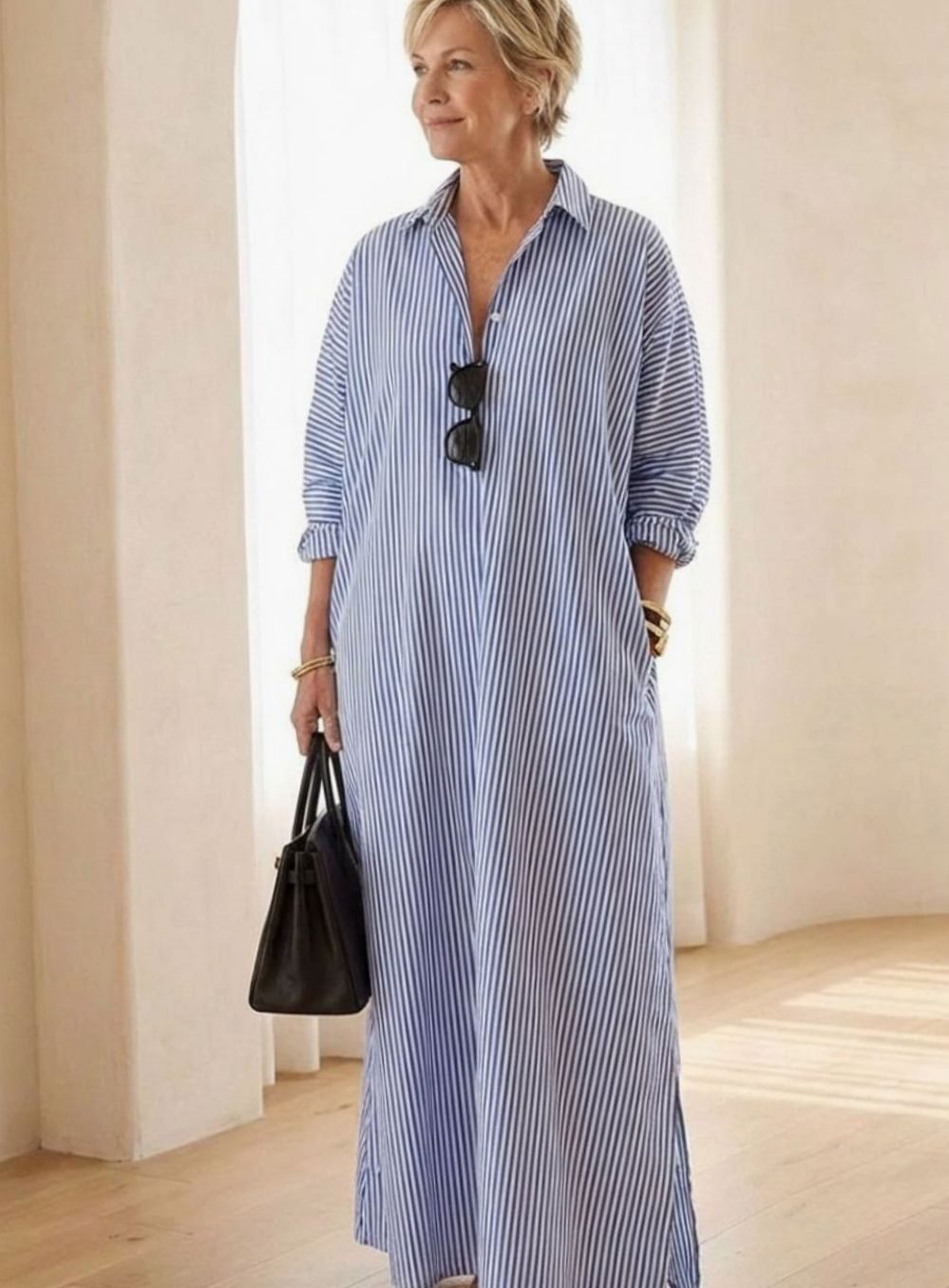 Women's Relaxed-Fit Striped Cotton Maxi Shirt Day Dress, Blue