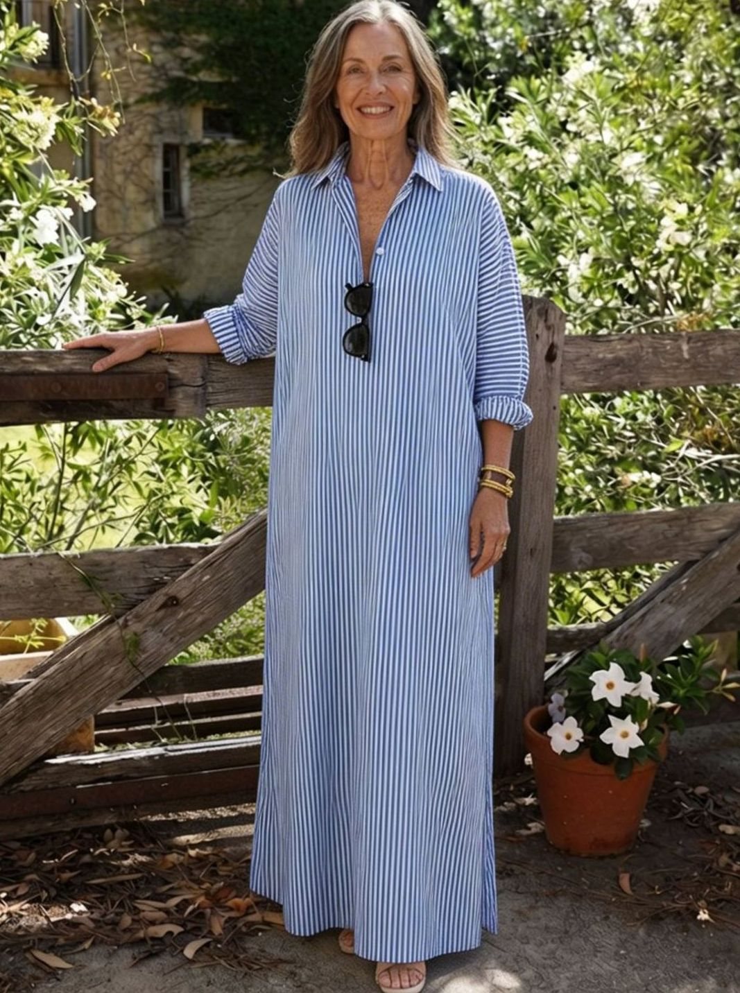 Women's Relaxed-Fit Striped Cotton Maxi Shirt Day Dress, Blue