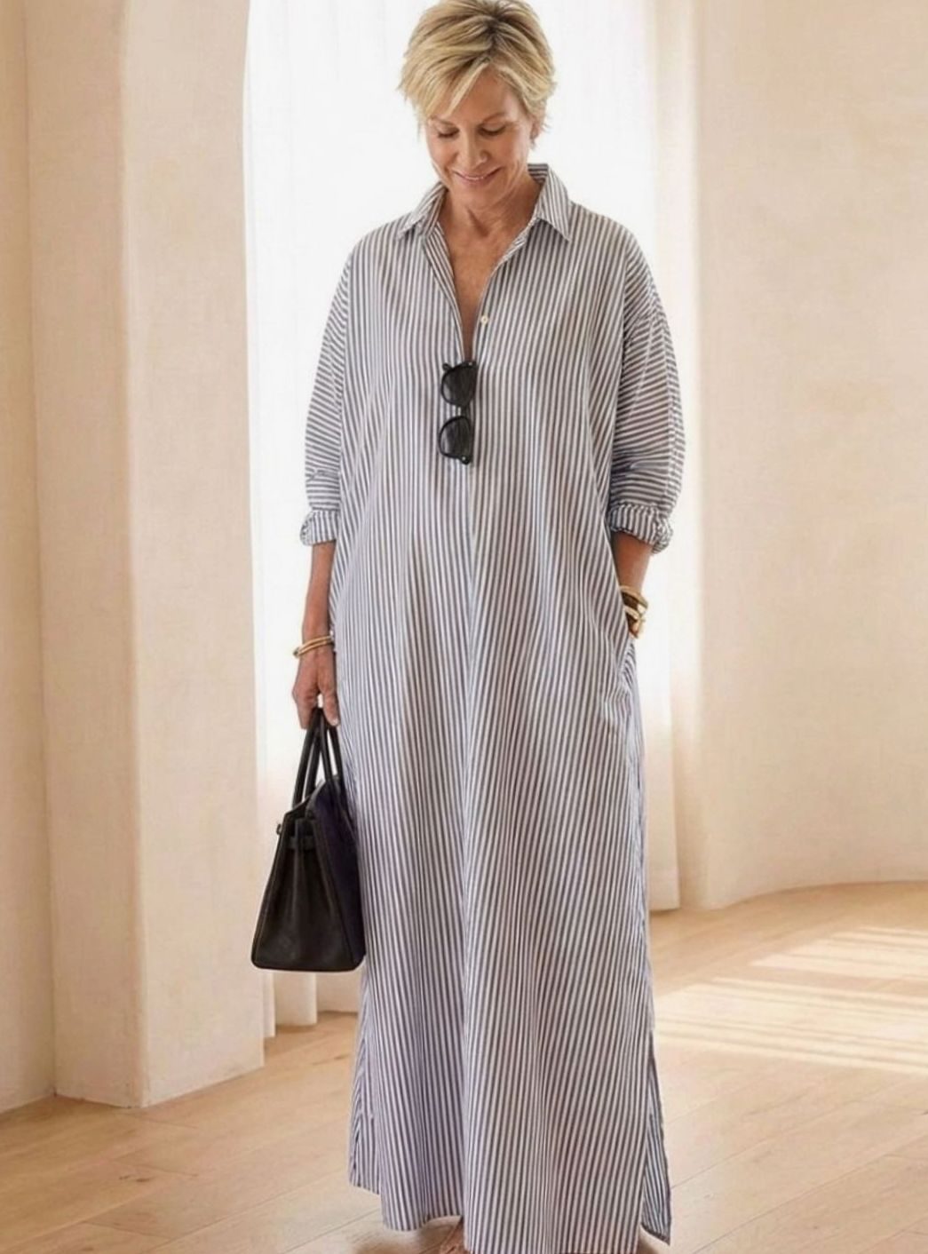 Women's Relaxed-Fit Striped Cotton Maxi Shirt Day Dress, Blue