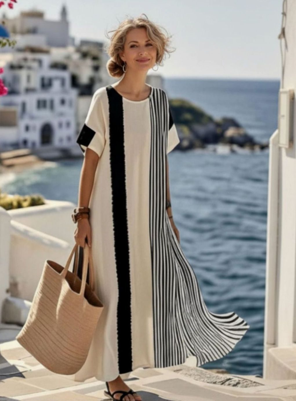 Women's Relaxed-Fit Striped Short-Sleeve Maxi Dress