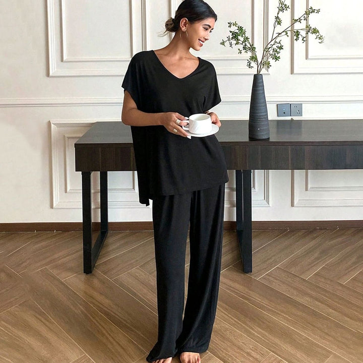 Women's Relaxed-Fit V-Neck Short-Sleeve Lounge Two-Piece Set