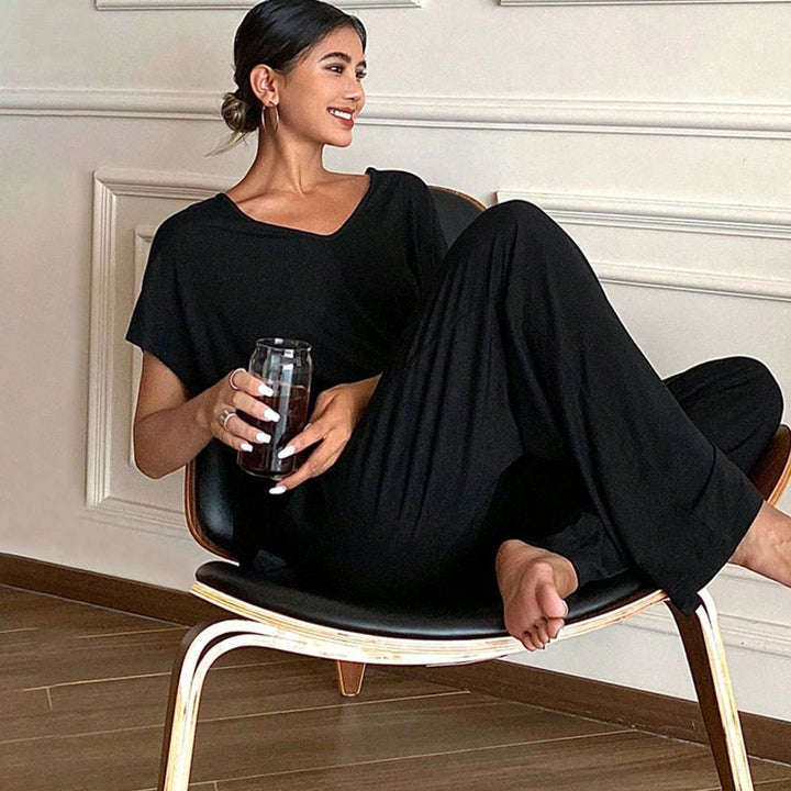 Women's Relaxed-Fit V-Neck Short-Sleeve Lounge Two-Piece Set