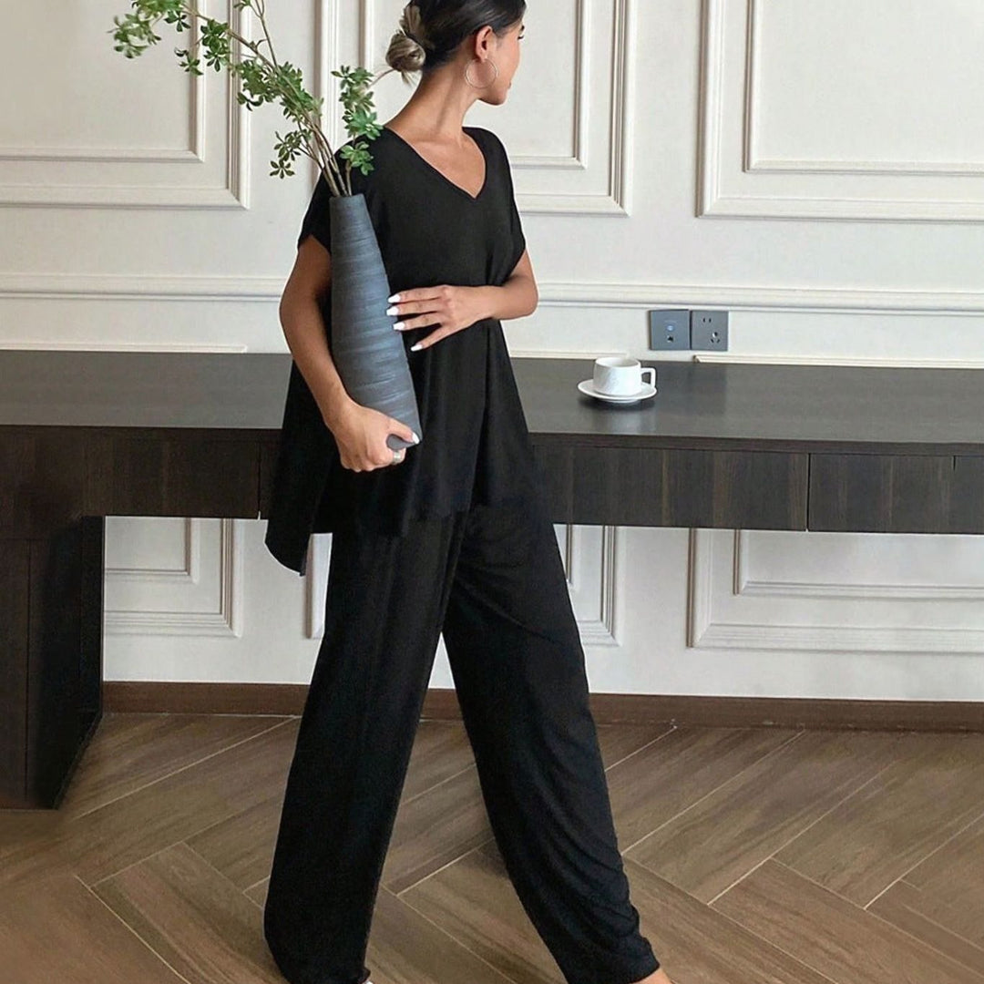 Women's Relaxed-Fit V-Neck Short-Sleeve Lounge Two-Piece Set