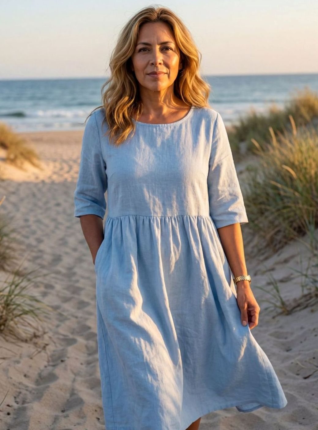Women's Relaxed Gathered-Waist Half-Sleeve Linen Midi Dress
