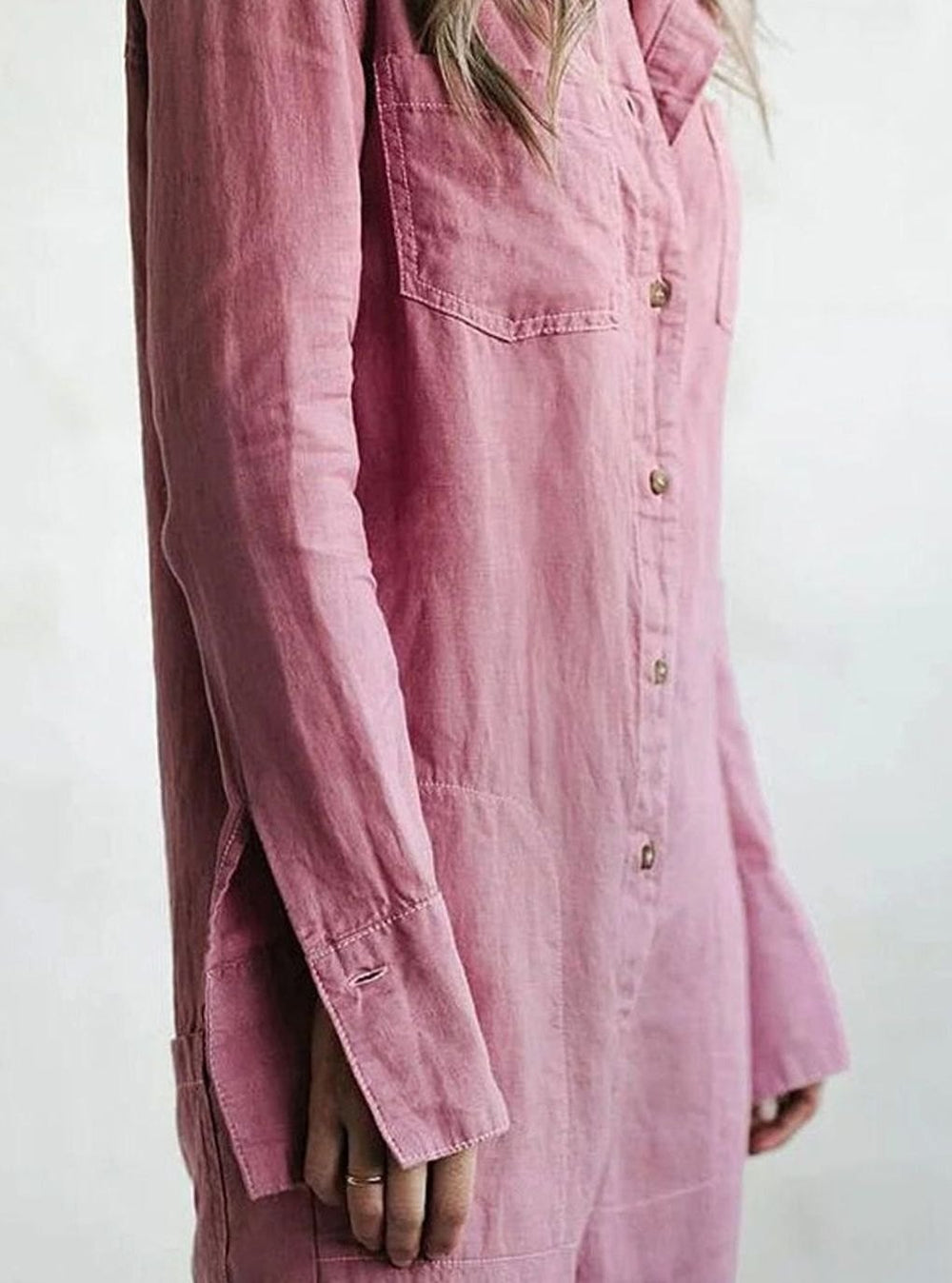 Women's Relaxed Linen Long-Sleeve Vintage Boilersuit Jumpsuit, Pink