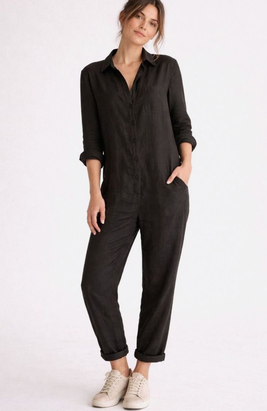 Women's Relaxed Linen Long-Sleeve Vintage Boilersuit Jumpsuit