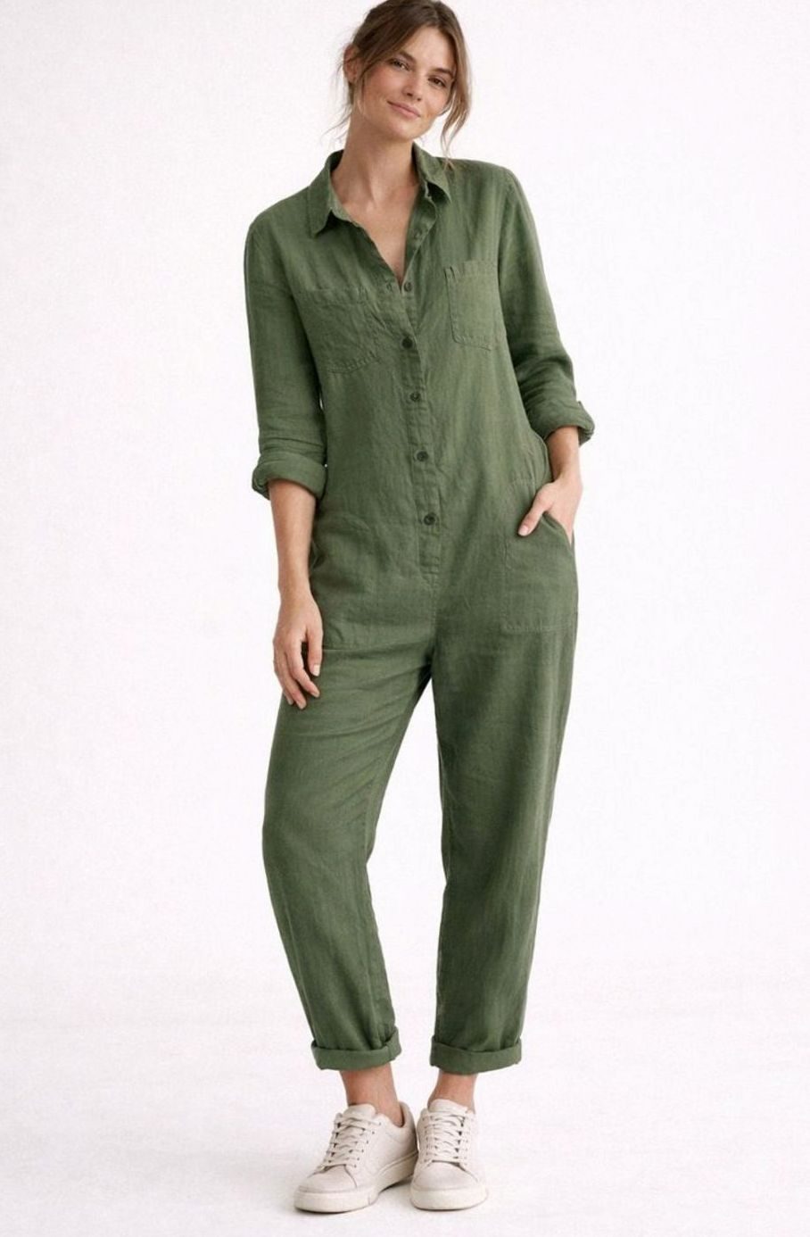 Women's Relaxed Linen Long-Sleeve Vintage Boilersuit Jumpsuit