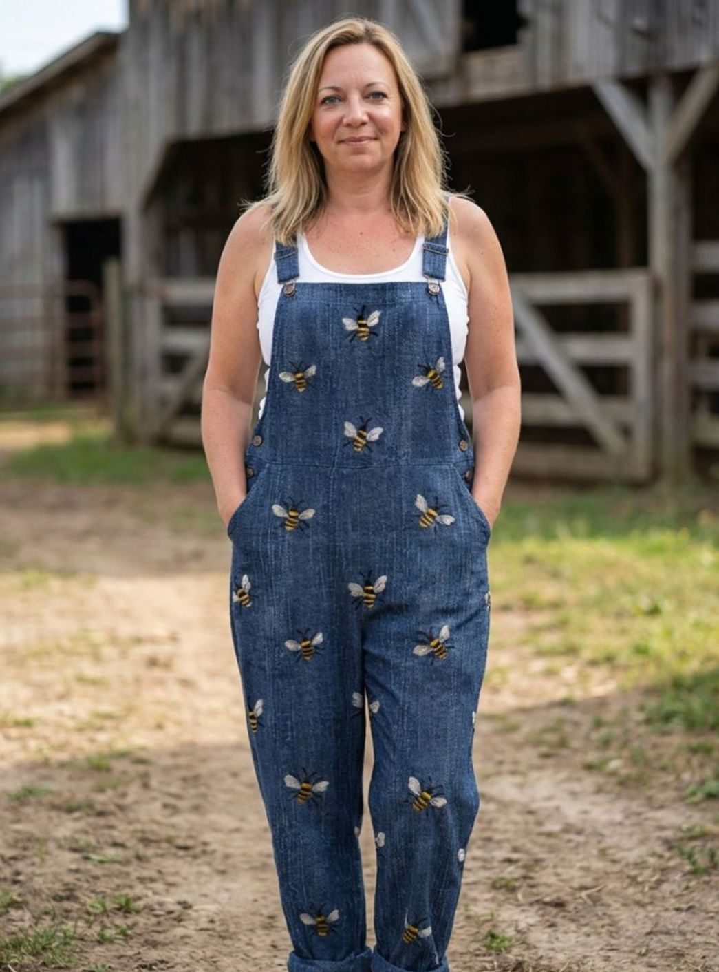 Women's Relaxed Straight-Leg Bee Print Denim Dungarees