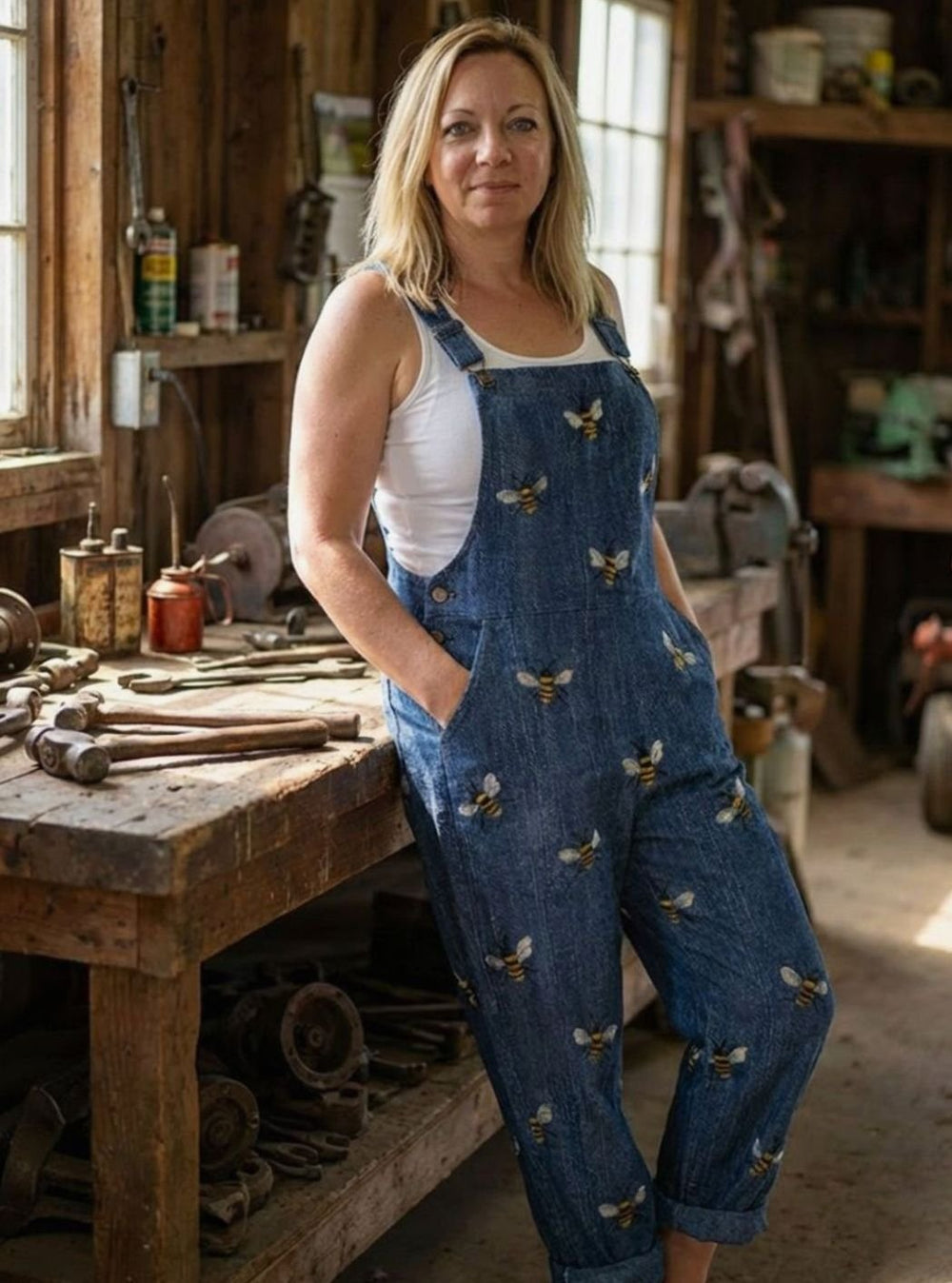Women's Relaxed Straight-Leg Bee Print Denim Dungarees, Blue