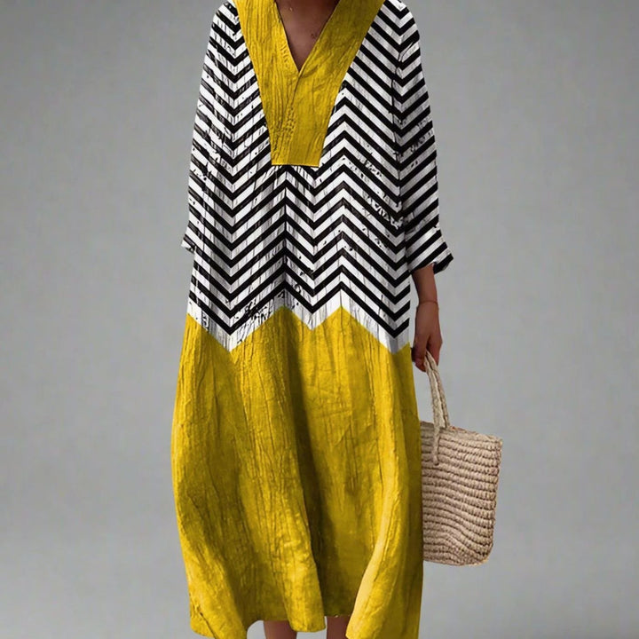 Women's Relaxed V-Neck Chevron Colourblock Midi Dress - Yellow