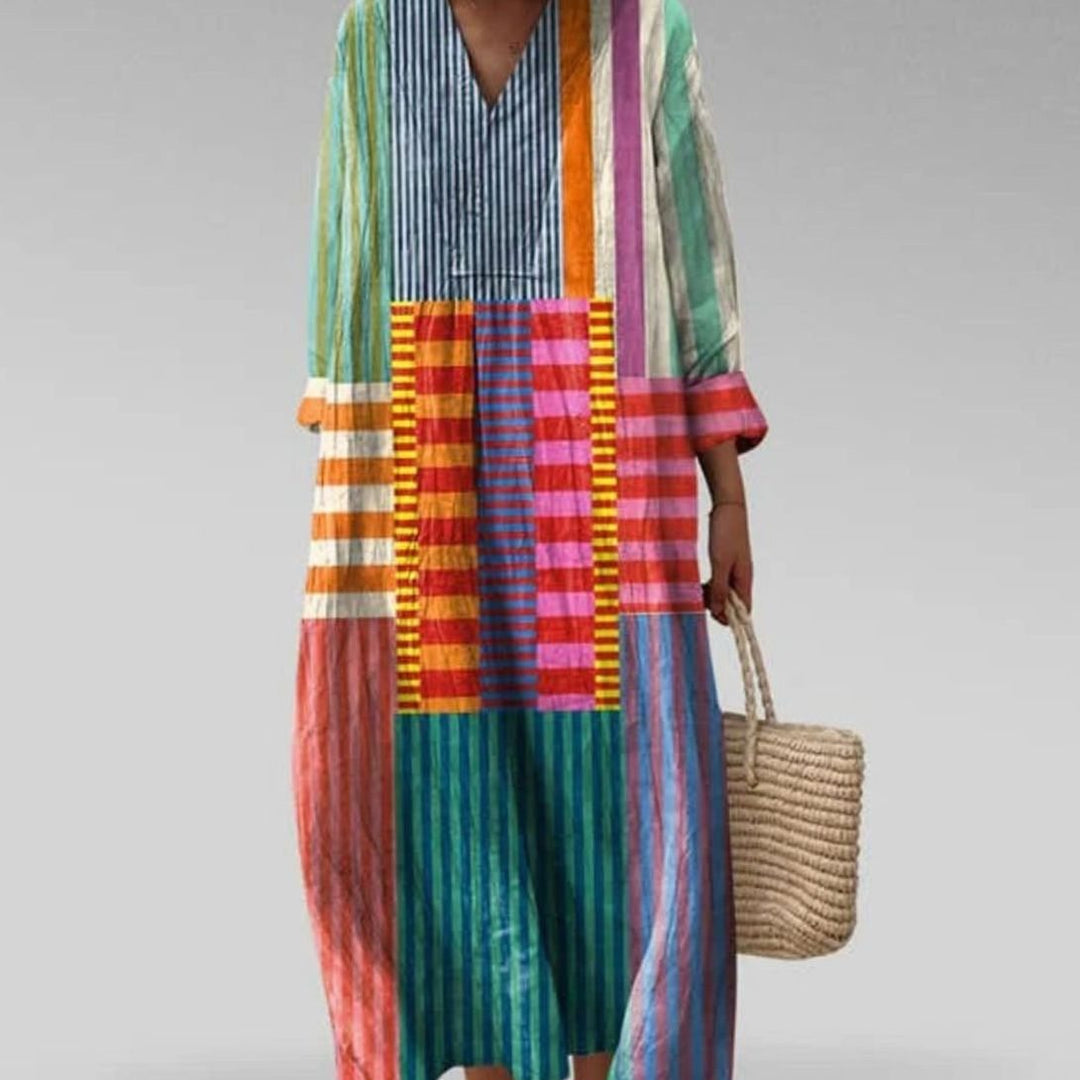 Women's Relaxed V-Neck Chevron Colourblock Midi Dress - Multicolour