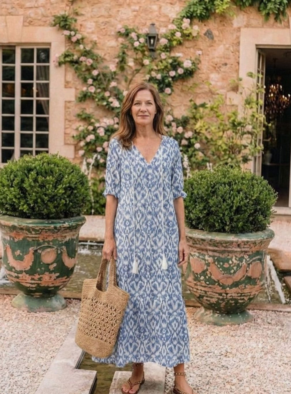 Women's Relaxed V-Neck Ikat Print Tassel Midi Dress