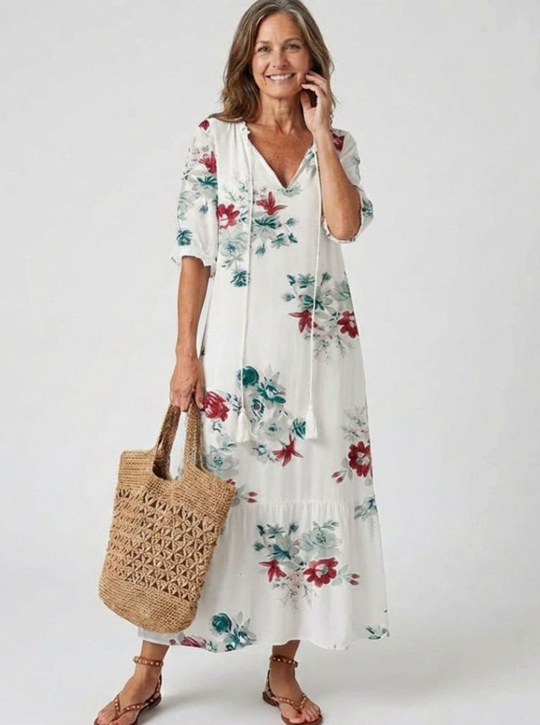 Women's Relaxed V-Neck Ikat Print Tassel Midi Dress