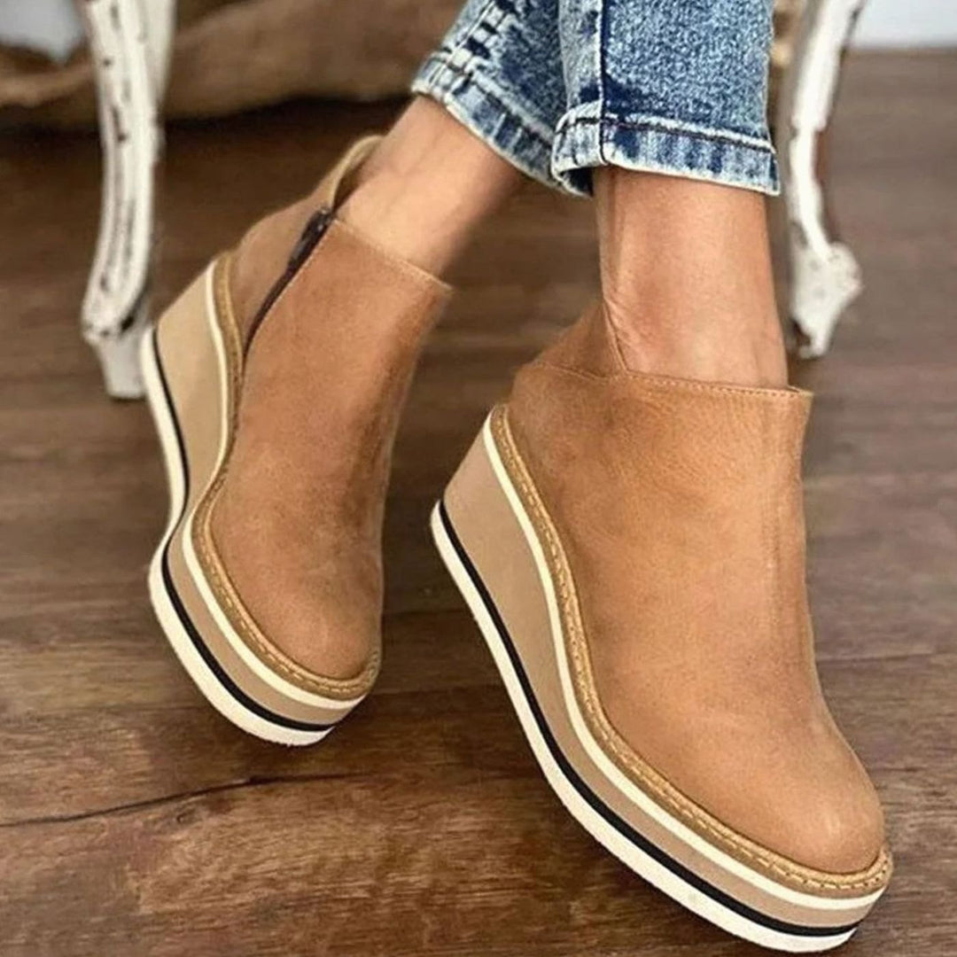 Women's Retro Wedge Platform Ankle Boots Side-Zip Round Toe - Beige