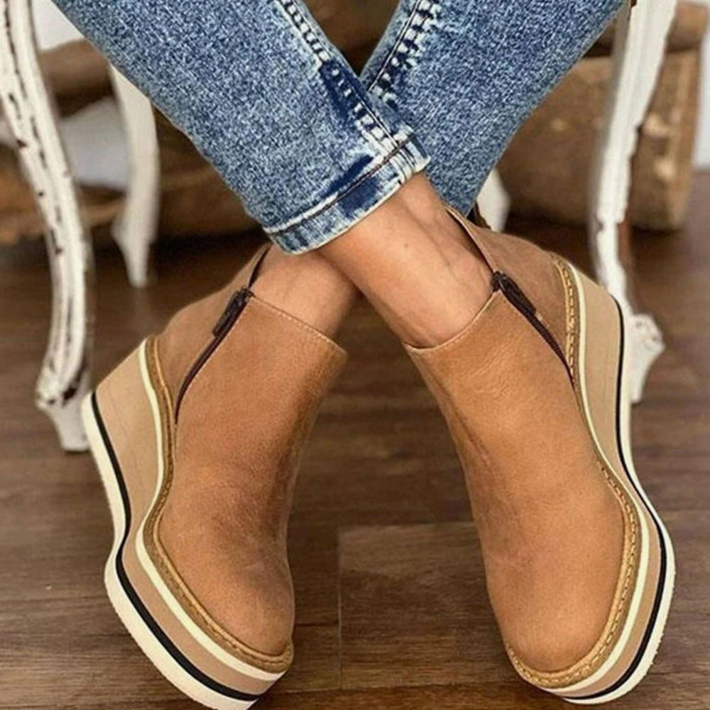Women's Retro Wedge Platform Ankle Boots Side-Zip Round Toe