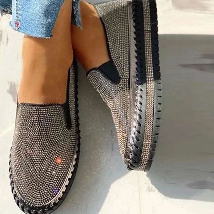 Women's Rhinestone Embellished Slip-On Platform Loafers - Black