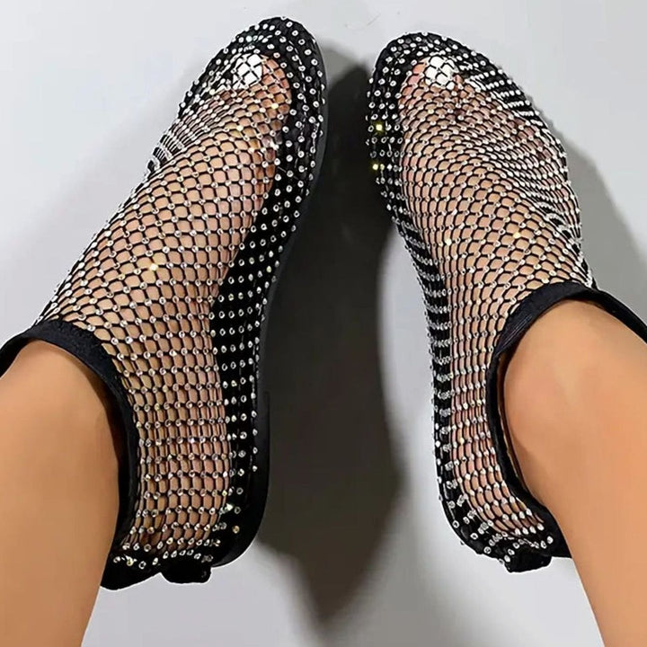 Women's Rhinestone Fishnet Mesh Flat Slip-On Shoes