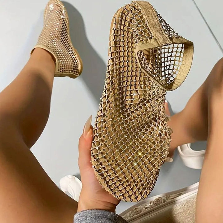 Women's Rhinestone Fishnet Mesh Flat Slip-On Shoes