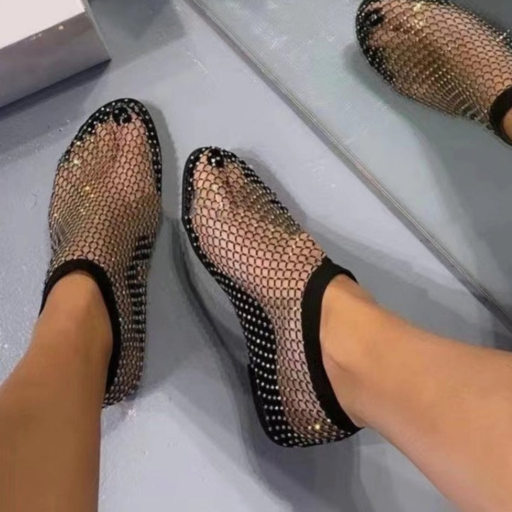 Women's Rhinestone Fishnet Mesh Flat Slip-On Shoes