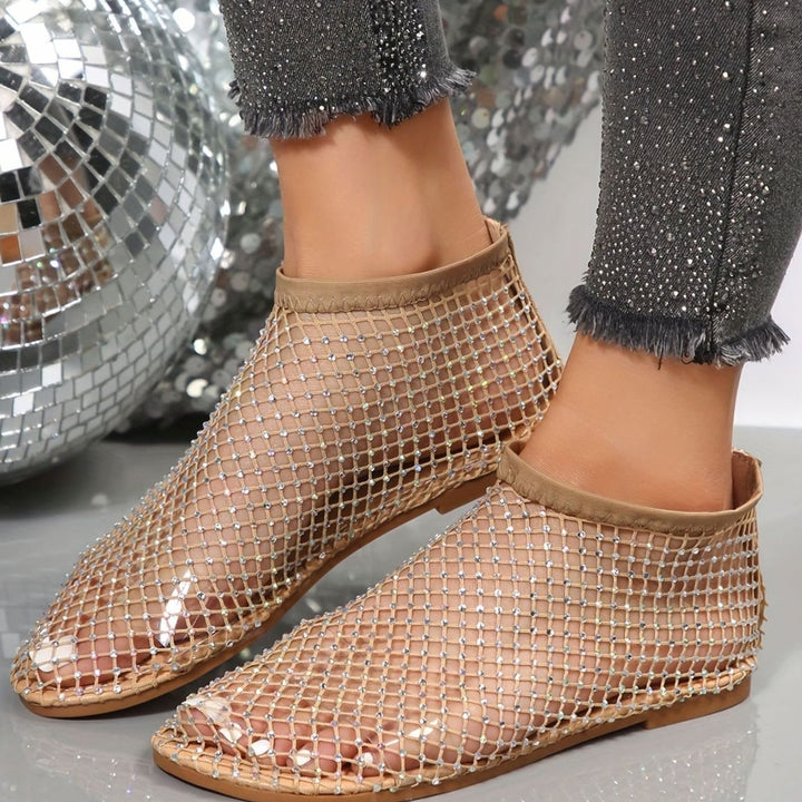 Women's Rhinestone Fishnet Mesh Flat Slip-On Shoes - Gold