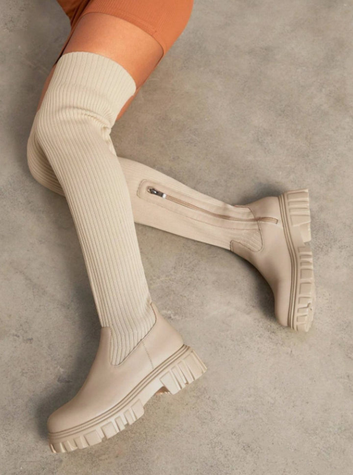 Women's Ribbed Knit Over-Knee Chunky-Sole Boots