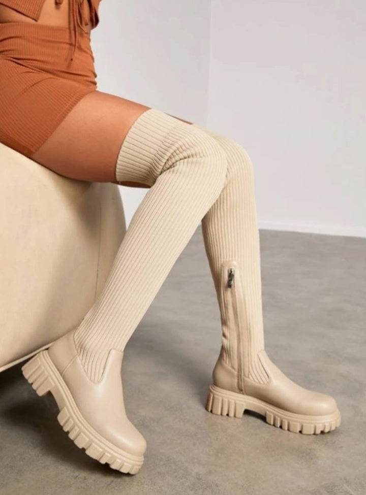Women's Ribbed Knit Over-Knee Chunky-Sole Boots - Beige