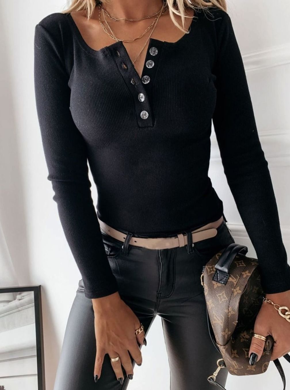 Women's Ribbed Long-Sleeve Henley Button-Neck Top, Black