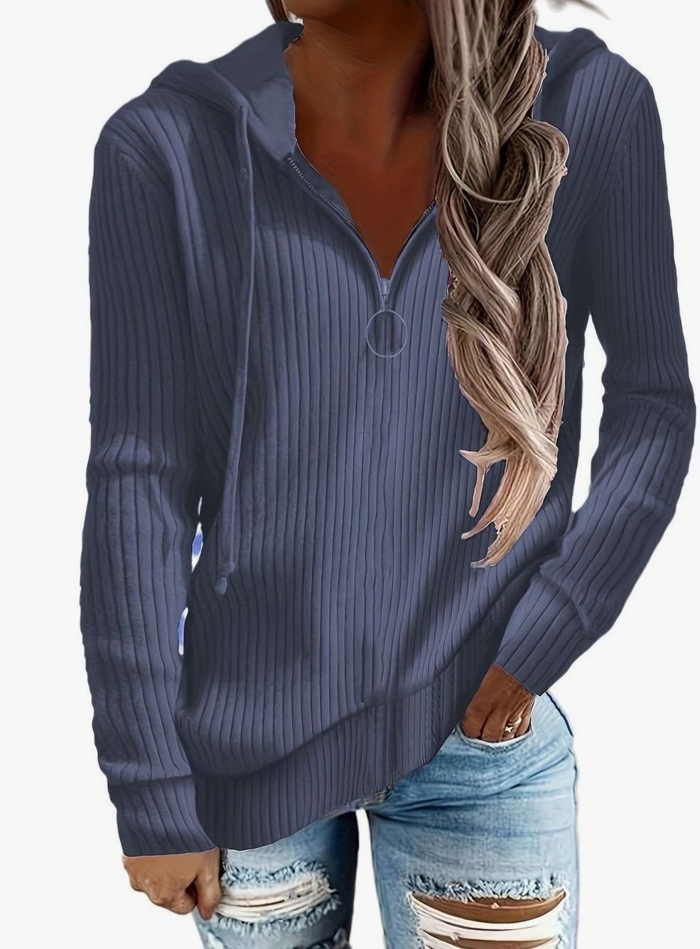 Women's Ribbed Quarter-Zip Drawstring Hooded Pullover