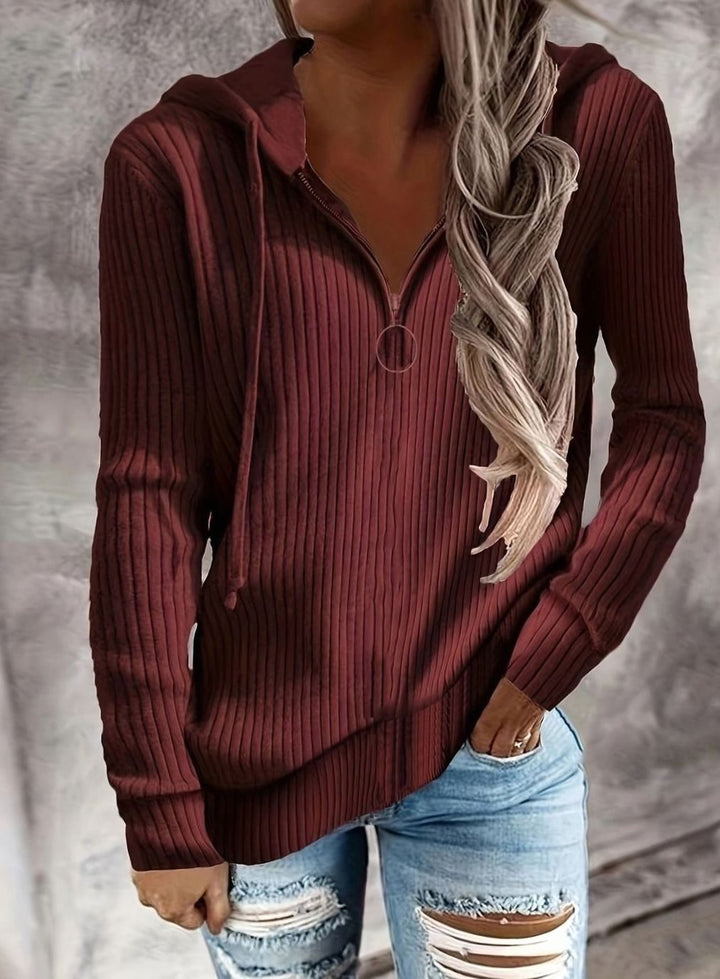 Women's Ribbed Quarter-Zip Drawstring Hooded Pullover - Red