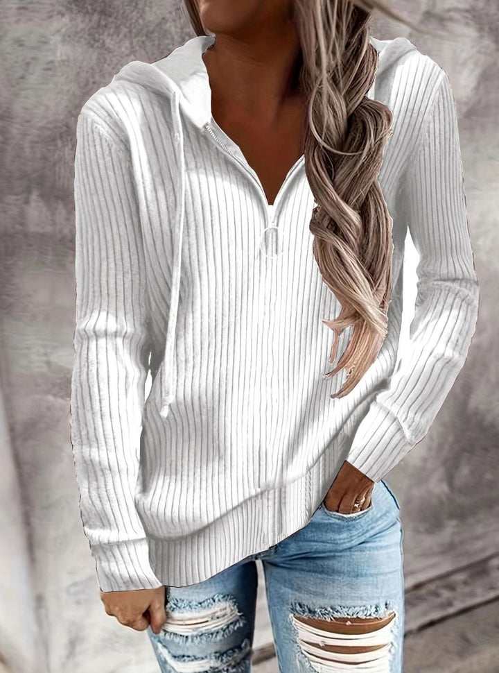 Women's Ribbed Quarter-Zip Drawstring Hooded Pullover - White