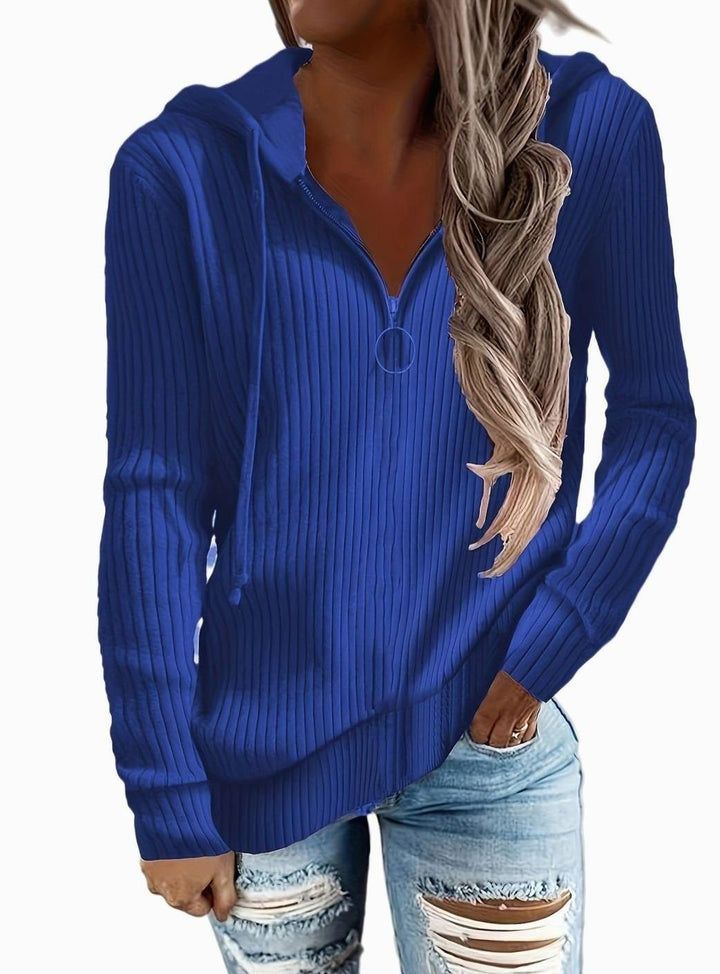 Women's Ribbed Quarter-Zip Drawstring Hooded Pullover - Blue