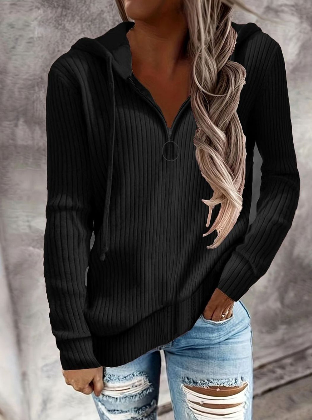 Women's Ribbed Quarter-Zip Drawstring Hooded Pullover