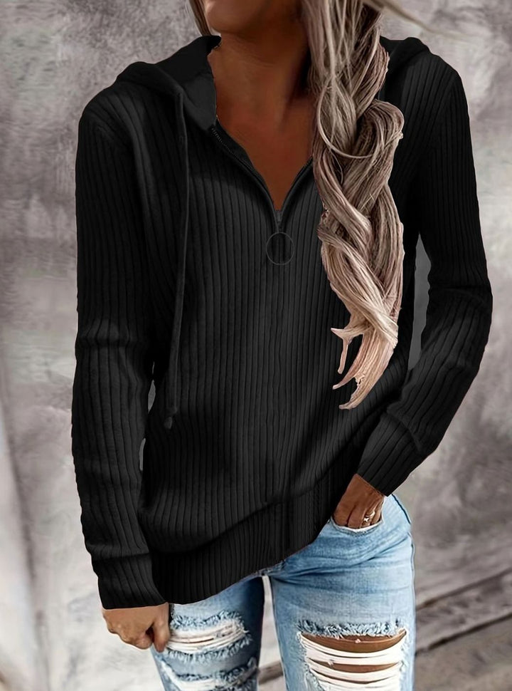 Women's Ribbed Quarter-Zip Drawstring Hooded Pullover