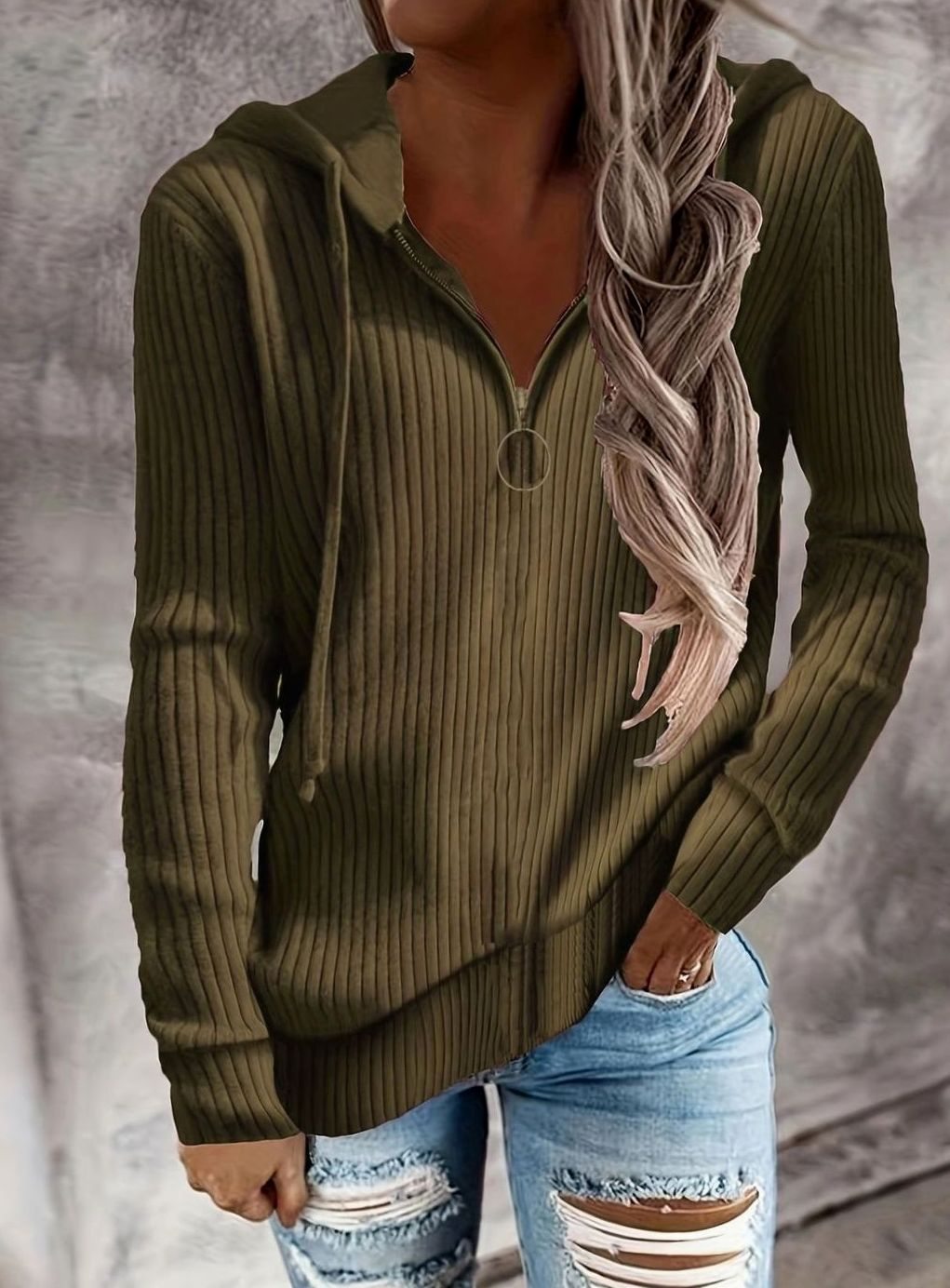 Women's Ribbed Quarter-Zip Drawstring Hooded Pullover