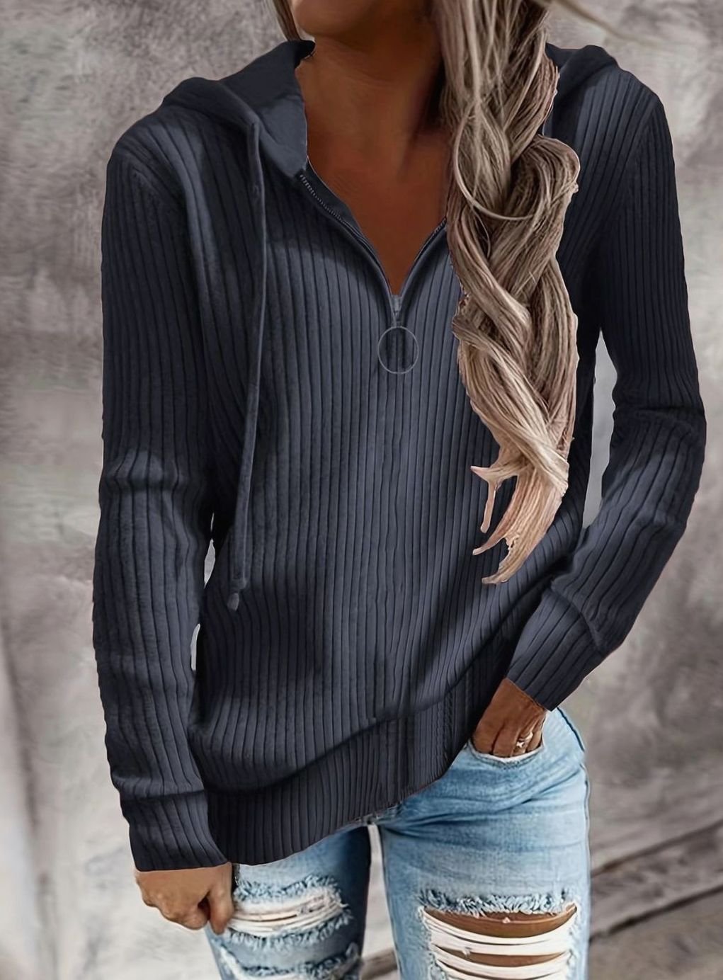 Women's Ribbed Quarter-Zip Drawstring Hooded Pullover - Slate Blue
