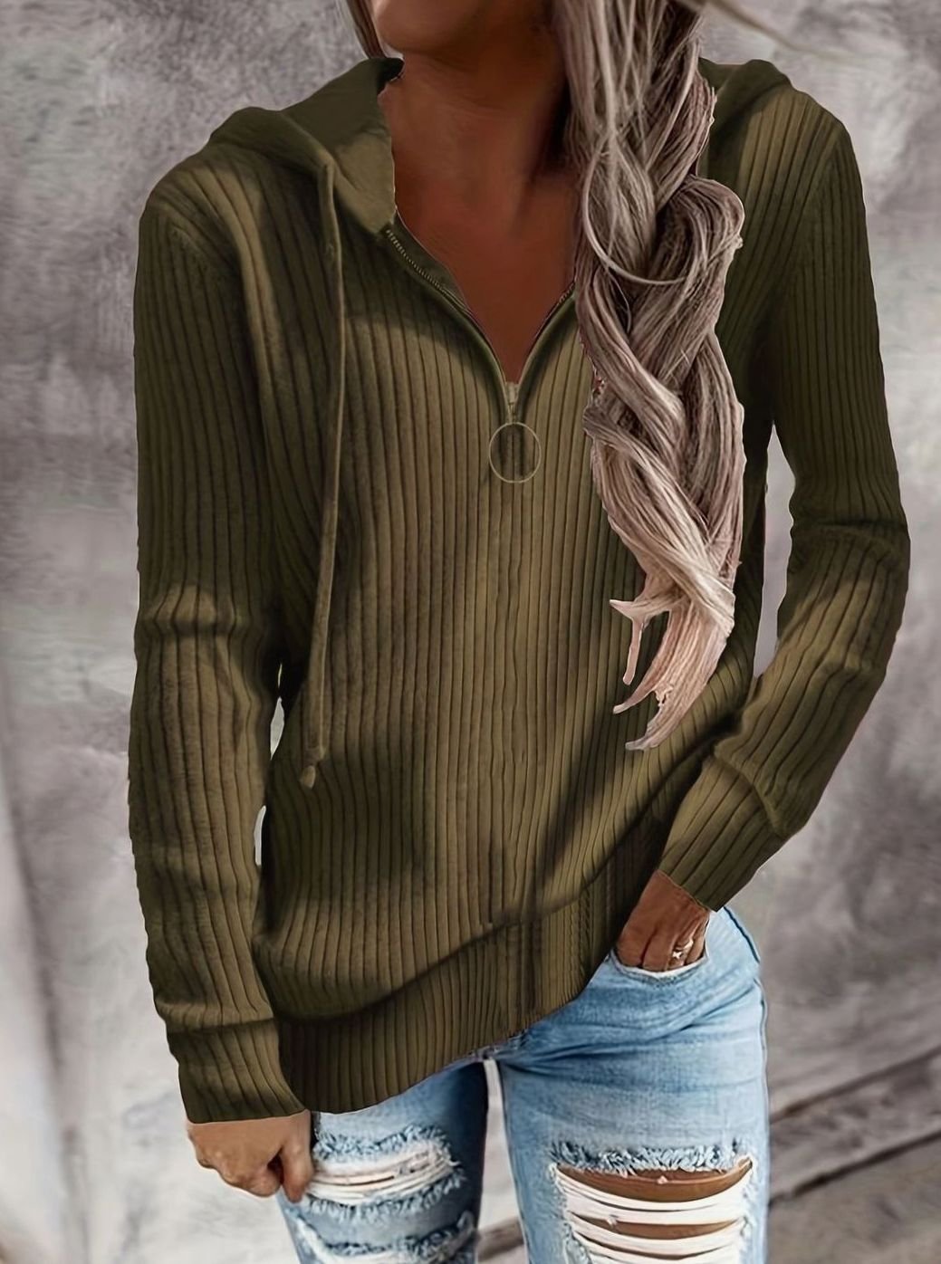Women's Ribbed Quarter-Zip Drawstring Hooded Pullover - Olive Green