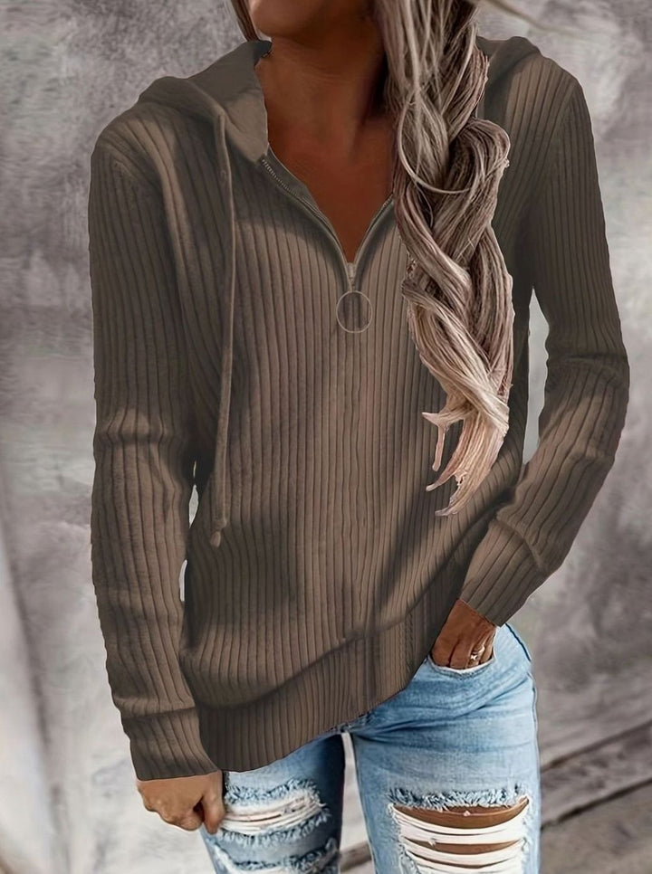 Women's Ribbed Quarter-Zip Drawstring Hooded Pullover - Brown