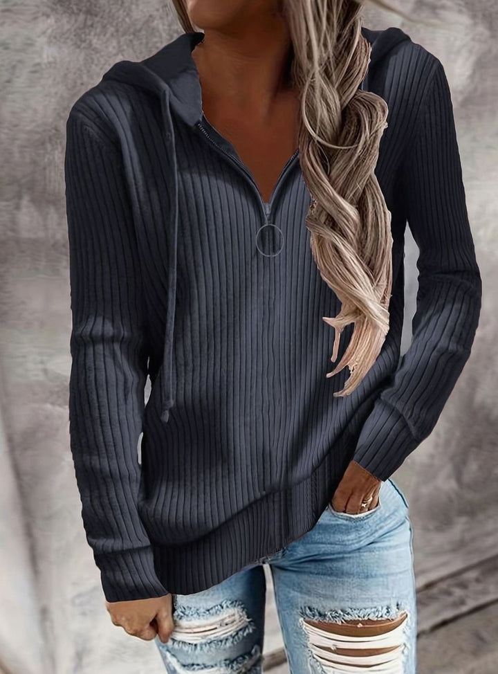 Women's Ribbed Quarter-Zip Hooded Pullover Jumper - Slate Blue