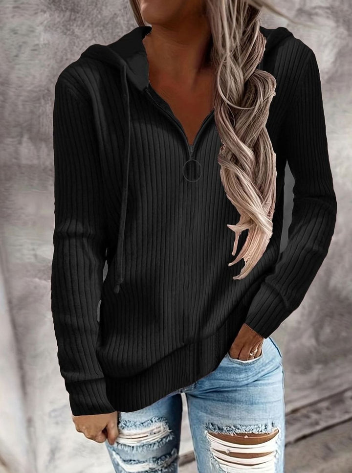 Women's Ribbed Quarter-Zip Hooded Pullover Jumper - Black