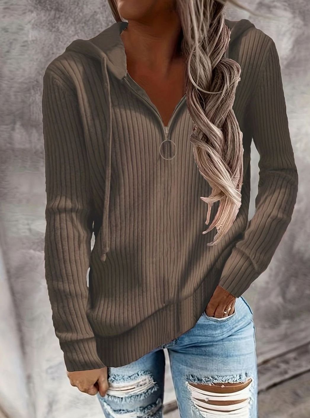 Women's Ribbed Quarter-Zip Hooded Pullover Jumper - Tan