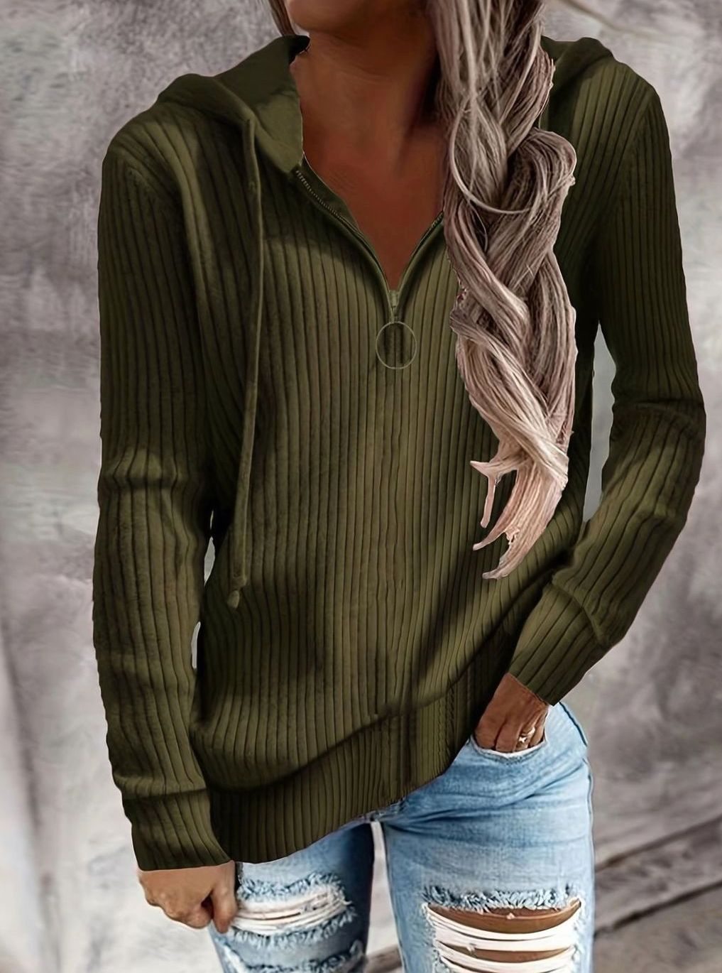 Women's Ribbed Quarter-Zip Hooded Pullover Jumper
