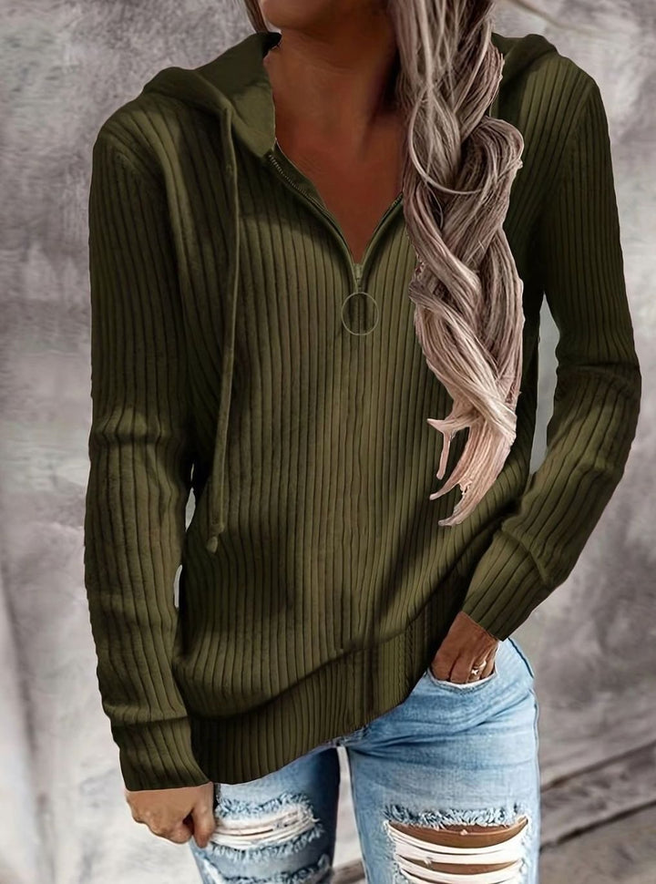 Women's Ribbed Quarter-Zip Hooded Pullover Jumper