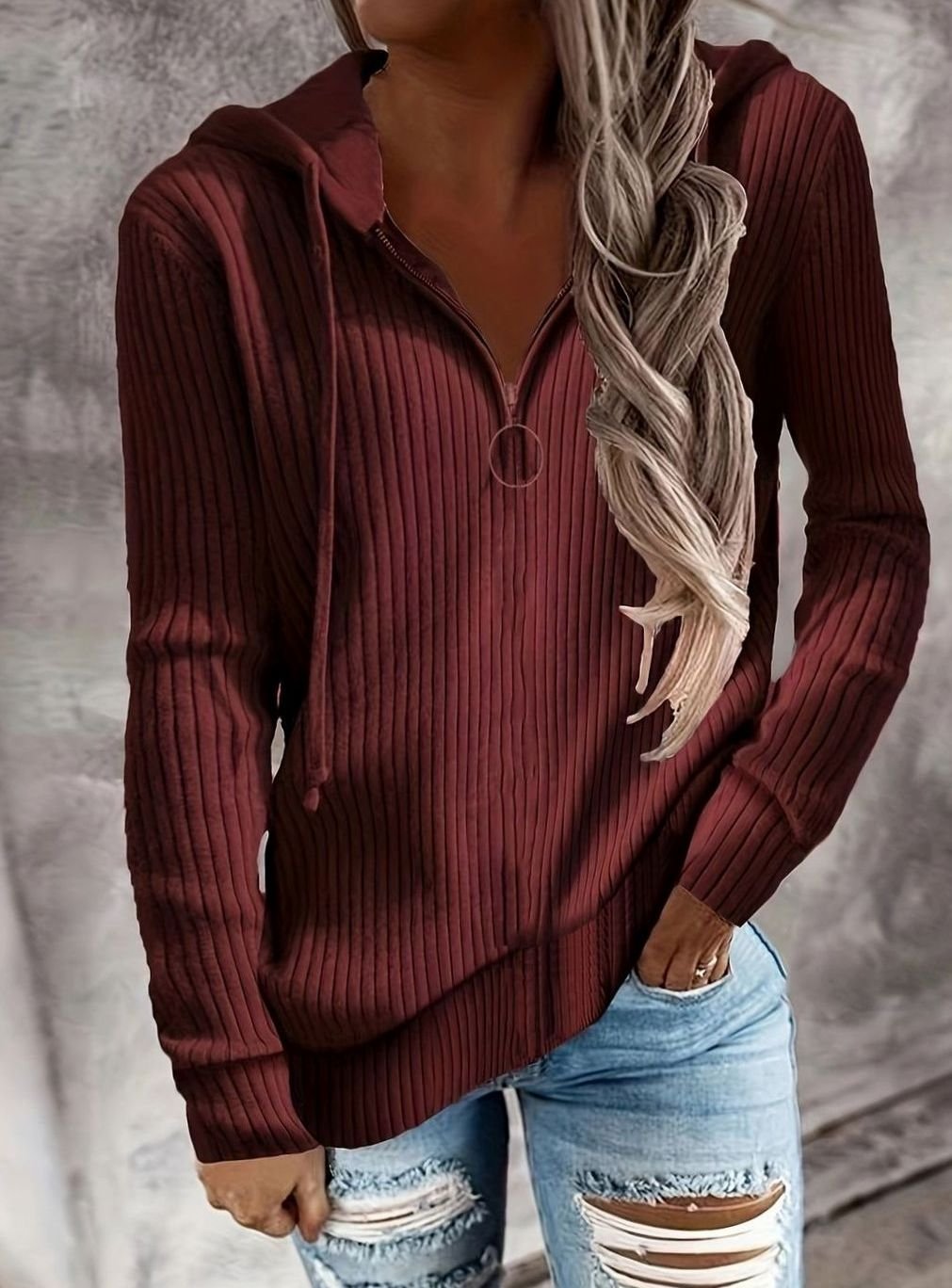 Women's Ribbed Quarter-Zip Hooded Pullover Jumper