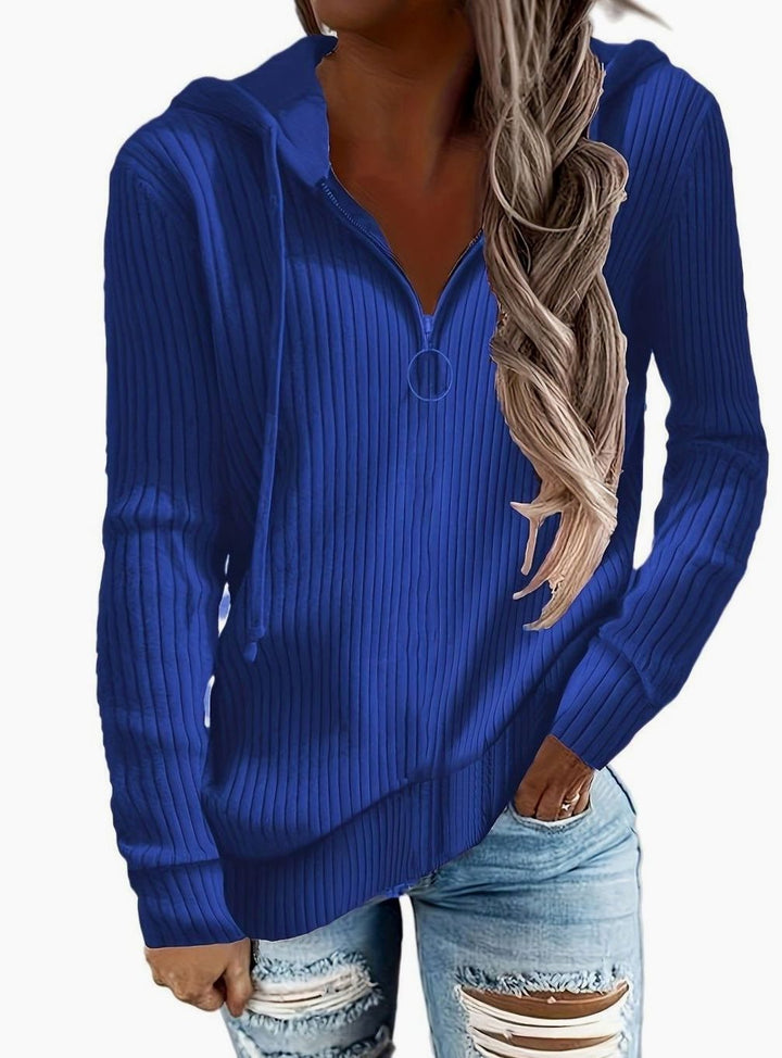 Women's Ribbed Quarter-Zip Hooded Pullover Jumper