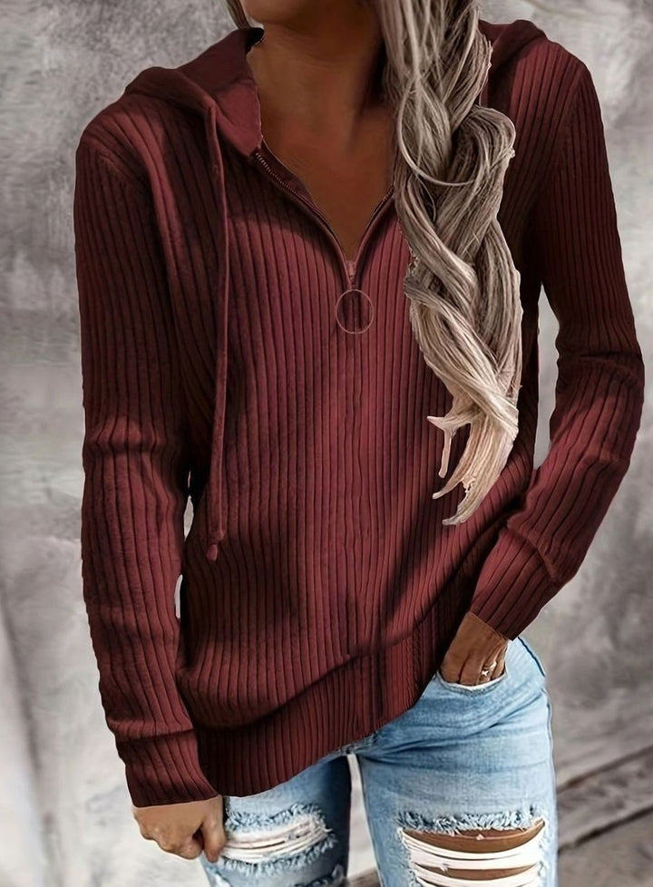 Women's Ribbed Quarter-Zip Hooded Pullover Jumper - Wine Red