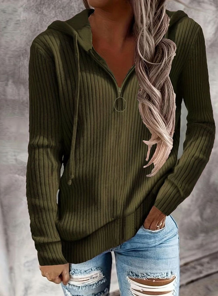 Women's Ribbed Quarter-Zip Hooded Pullover Jumper - Olive Green