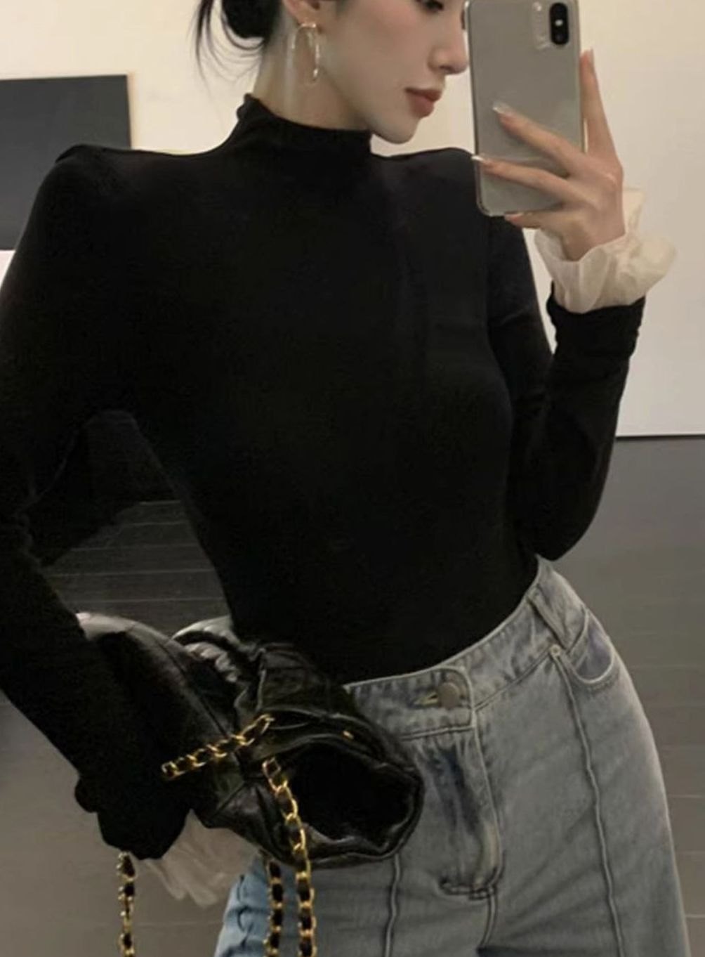 Women's Ribbed Turtleneck Long-Sleeve Top Contrast Ruffle Cuffs